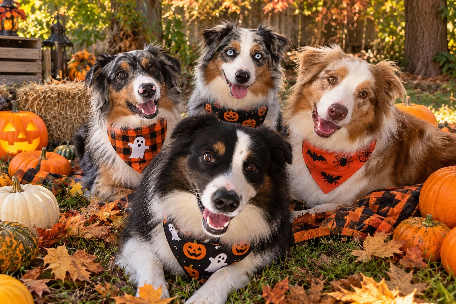 Piper, Rivers, Yadi, and Loui wearing Halloween bandanas among pumpkins and autumn leaves, with Loui in front.