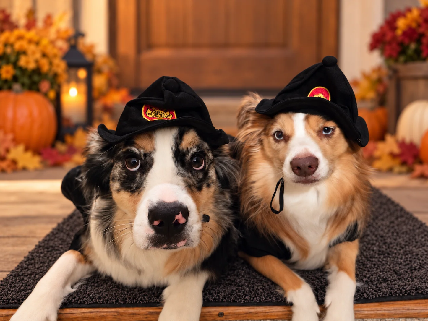 Two Australian Shepherds wearing black firefighter costume hats, lying together on an autumn porch decorated with pumpkins and flowers.