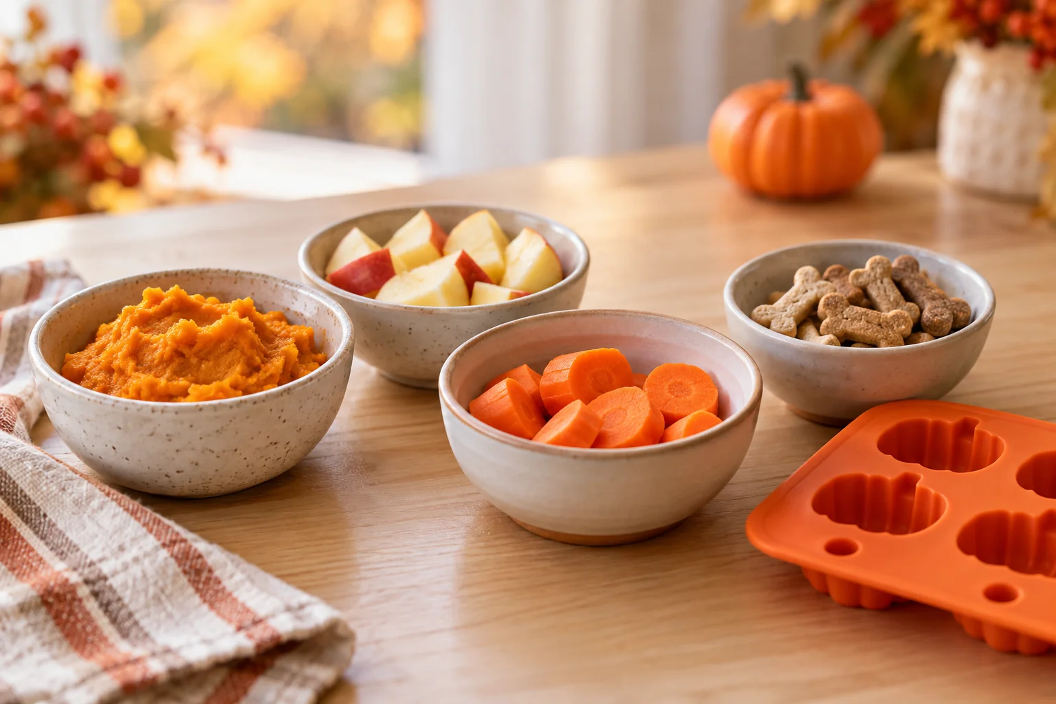 Bowls of pumpkin puree, apple pieces, carrot slices and dog treats beside an orange silicone pumpkin-shaped treat mold.