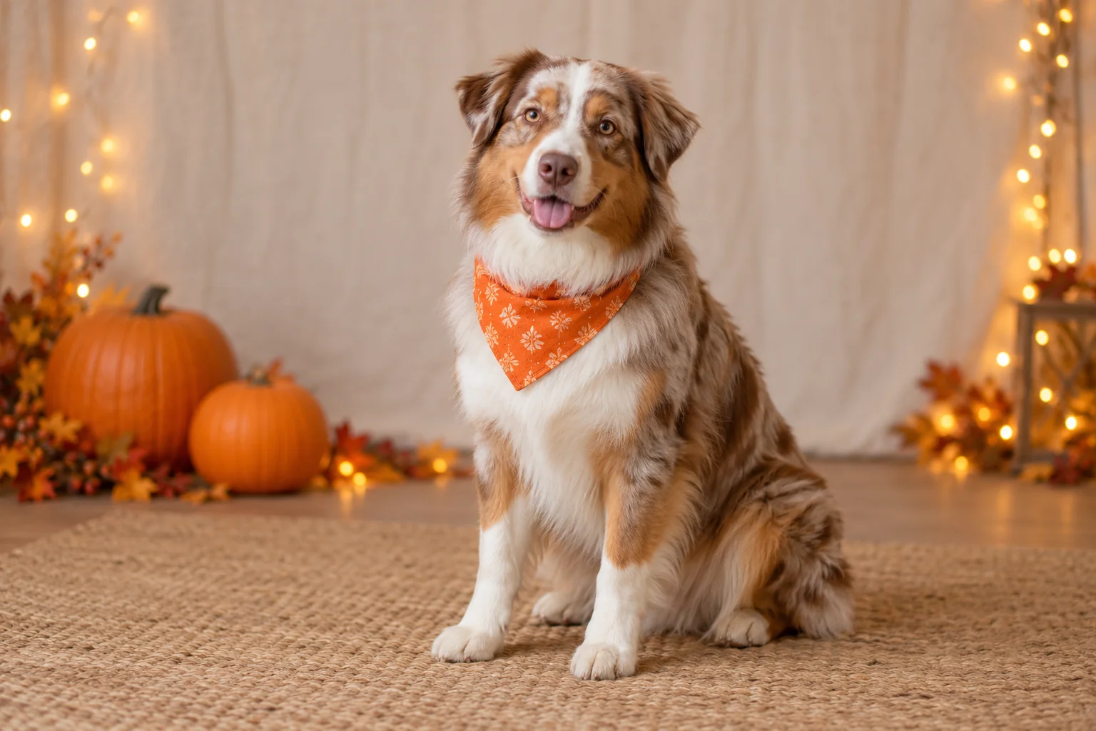 A red-merle Australian Shepherd wearing an orange bandana, sitting in front of a plain backdrop with pumpkins and warm lights.