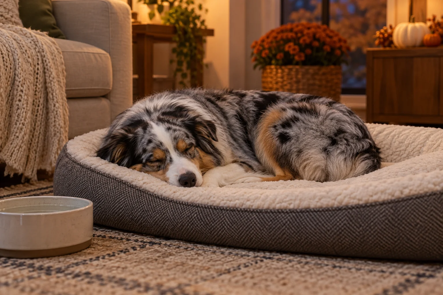 A blue-merle Australian Shepherd curled up asleep on a cushioned dog bed beside a water bowl in an autumn-decorated living room.