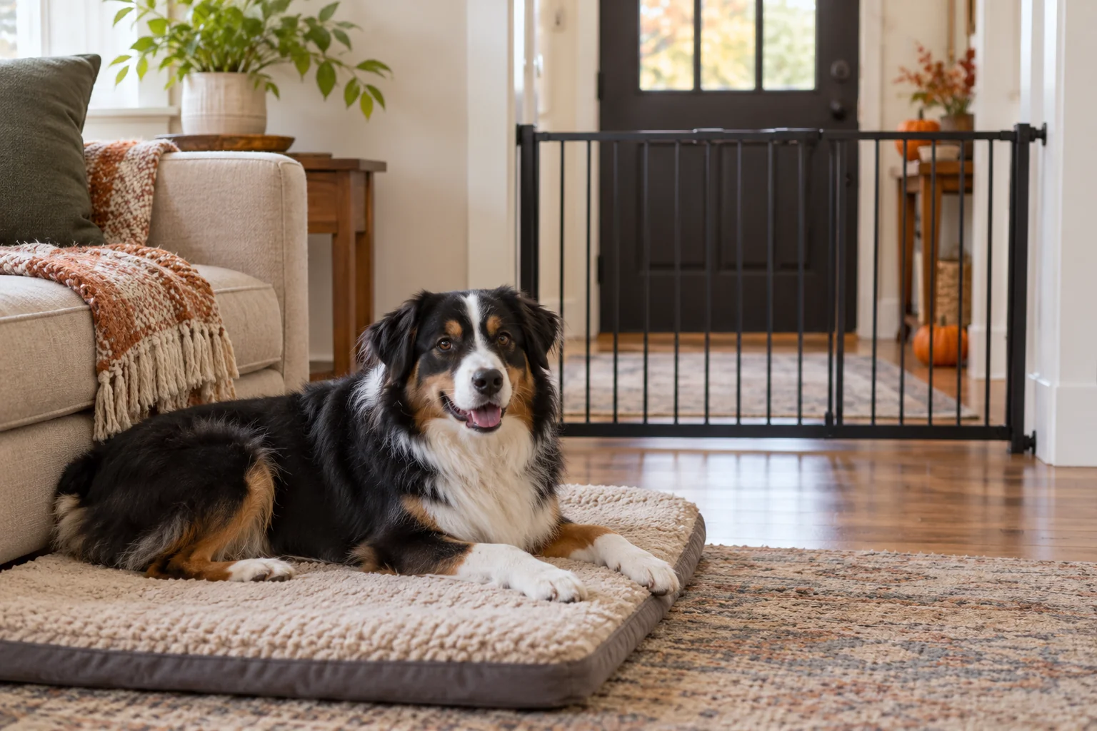 A black-tricolor Australian Shepherd resting on a mat beside a sofa, with a closed pet gate separating the dog from the front door.