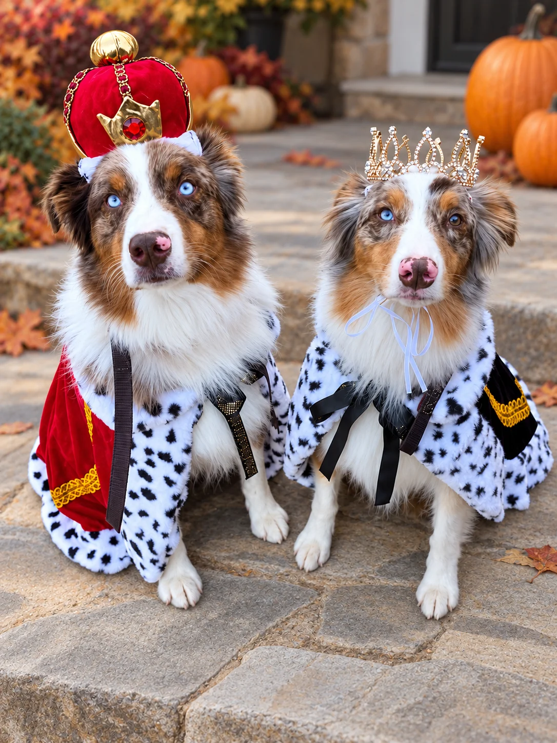 Two Australian Shepherds dressed as a king and queen, wearing crowns and royal capes on an autumn porch.