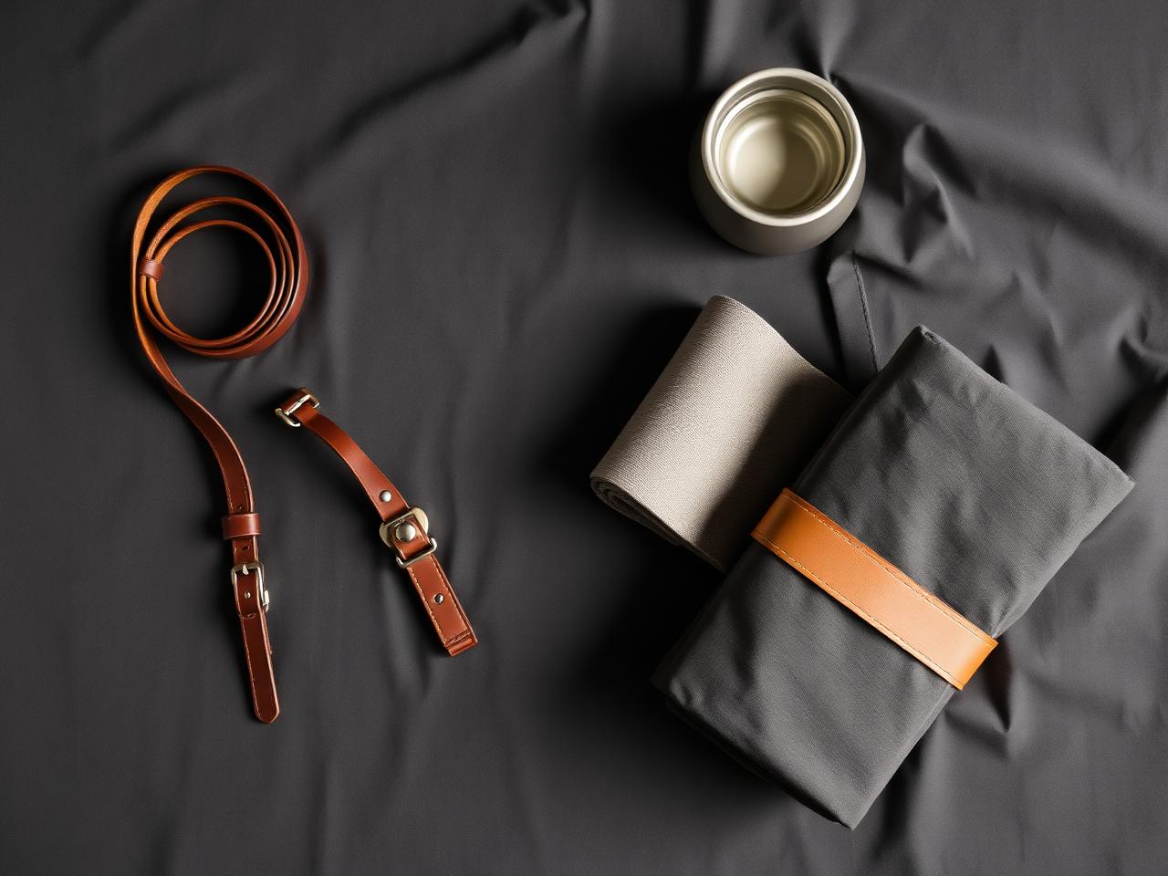 Leash, collar, collapsible bowl and folded travel blanket laid out on charcoal fabric