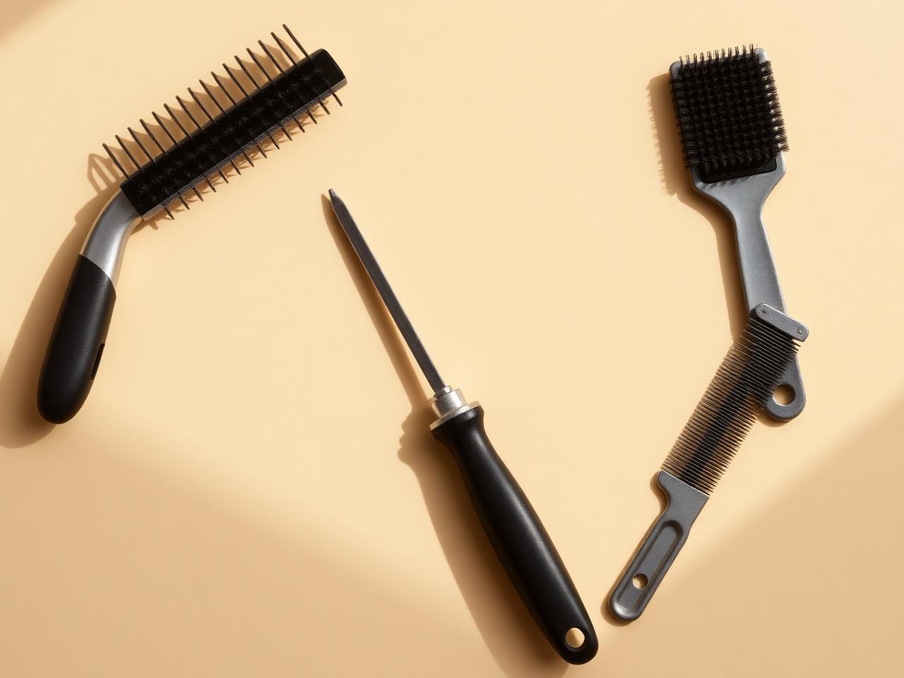 Undercoat rake, slicker brush and metal comb on a cream surface