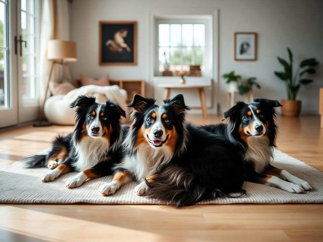 Three Australian Shepherds resting together on a rug in a bright living room