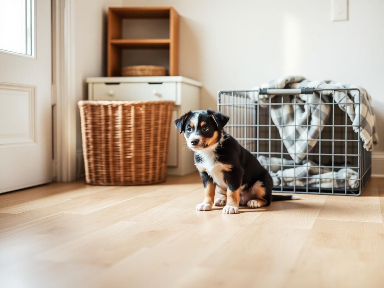 Australian Shepherd puppy sitting beside an open crate in a bright room