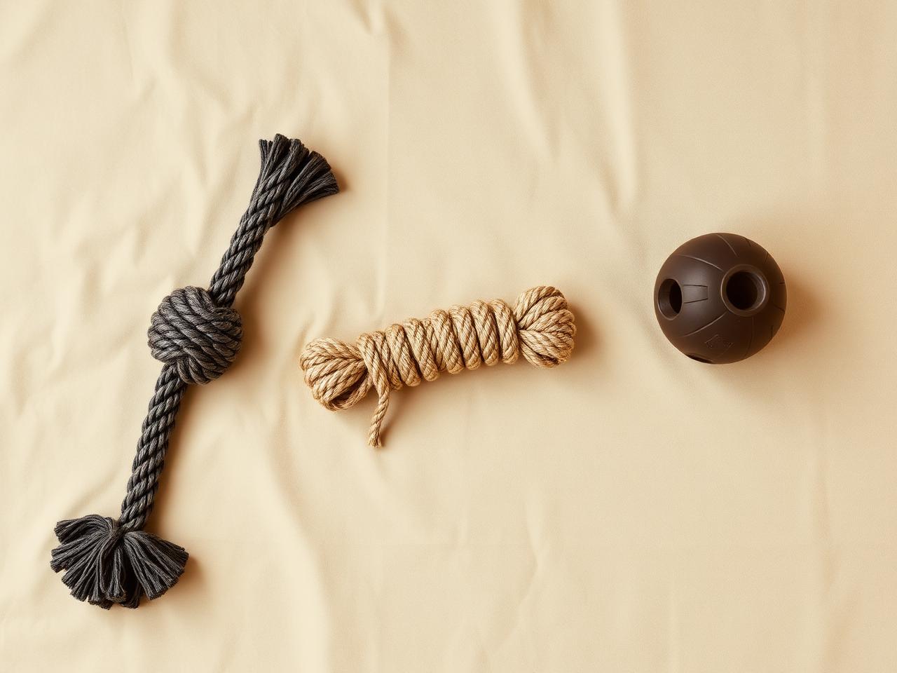 Enrichment toys and puzzle feeder on a neutral background