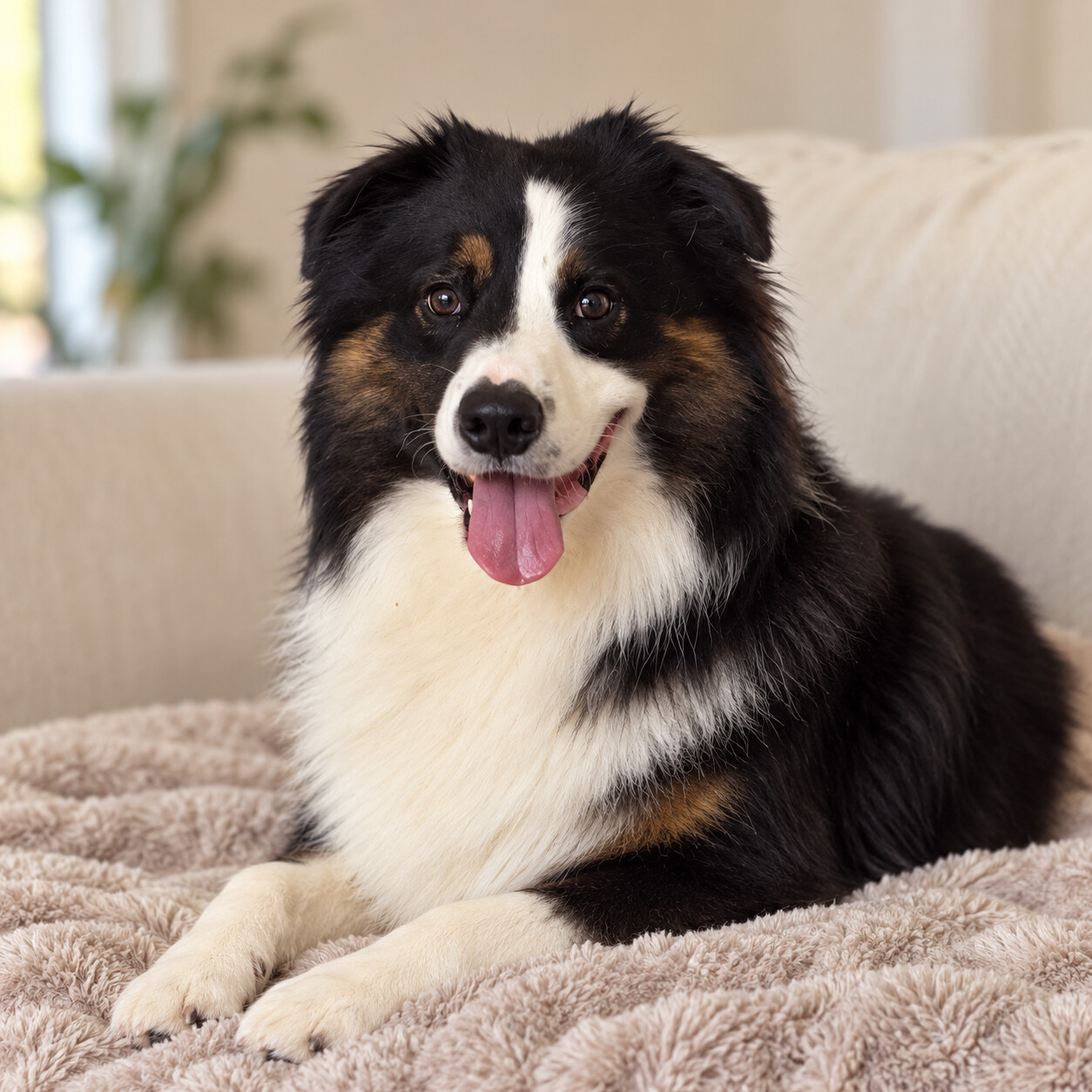 Loui, a brown-eyed black tri Australian Shepherd